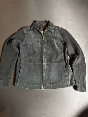 Fabio Womens Black Mixed Media Suede Leather Ribbed Knit Sleeve Jacket